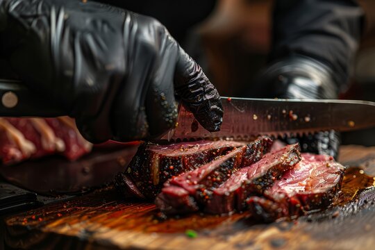 The butcher wearing black gloves cuts the red meat with knife on wooden cutting board.Close-up piece of raw meat with a chef's knife on a dark background. AI generative
