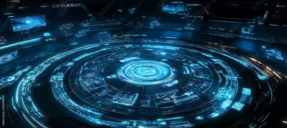 Poster a holographic interface used to control a spaceship's navigation systems