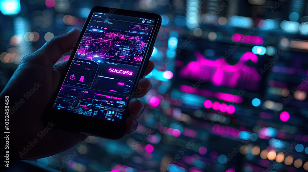 Poster a smartphone shows success metrics with colorful graphs and data against a backdrop of a bustling ci