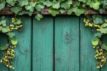 Weathered Green Wooden Door Frame with Green Vines and Yellow Berries
