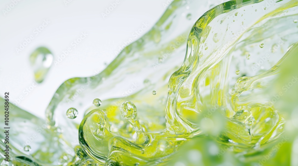 Poster sparkling green liquid creating dynamic waves and bubbles in a close-up shot with bright lighting an