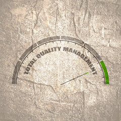 TQM Total Quality Management - describes a management approach to long-term success through customer satisfaction. Instrument scale with arrow. Colorful infographic gauge element.