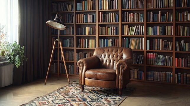 A cozy reading nook with a vintage leather armchair