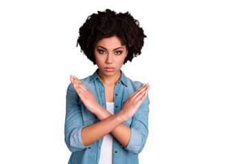 Close up photo of strict sullen youngster hipster beautiful youth deny quarrel warning  tell rules decision choice intelligent dressed denim trendy stylish youth clothes isolated grey background