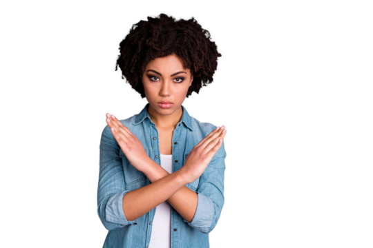 Close up photo of strict sullen youngster hipster beautiful youth deny quarrel warning  tell rules decision choice intelligent dressed denim trendy stylish youth clothes isolated grey background