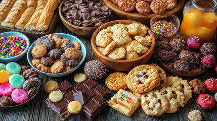 A sugary snack assortment with candy bars, cookies, and sweetened treats, tempting yet loaded with empty calories