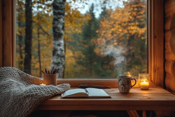 Obraz premium Cozy workspace by a window with autumn view, featuring a notebook, mug, and candles.