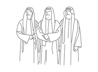continuous one-line drawing for arab men wearing Arabian thobe sitting editable stroke design Vector illustration of three wise men in traditional clothes. Line art.