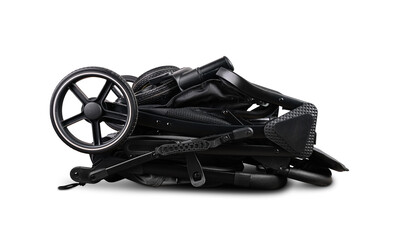 Modern folded black baby stroller isolated on white background
