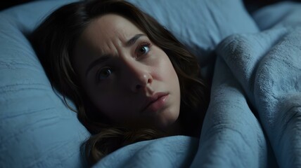 Anxious Brunette Woman Gripping a Blue Blanket in a Dimly Lit Bedroom, Struggling with Fear and Insomnia During a Sleepless Night
