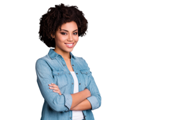 Portrait of cute attractive charming lovely friendly millennial feel excited enjoy future leader leadership excited candid wear modern denim outfit isolated grey background