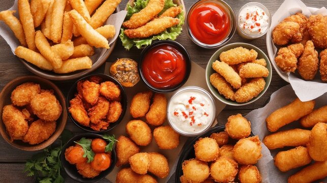 A table filled with deep-fried snacks like mozzarella sticks and battered chicken wings, highlighting indulgence over health