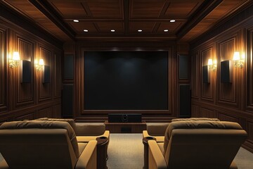 Theater Room. Modern Luxury Home Interior with TV Screen, LCD Monitor, and Plasma Display
