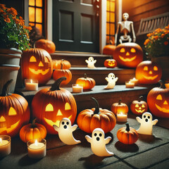 Obraz premium A festive Halloween porch setup featuring carved jack-o'-lanterns, glowing ghost figurines, and lit candles. The steps are adorned with pumpkins of various sizes, creating a fun and spooky ambiance.