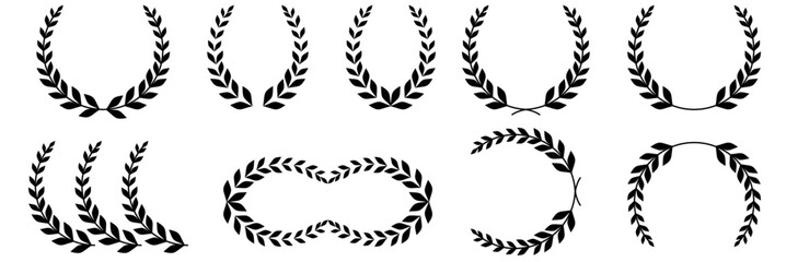 Collection of different black and white silhouette circular laurel foliate, wheat and olive wreaths depicting an award, achievement, heraldry, nobility. Vector illustration