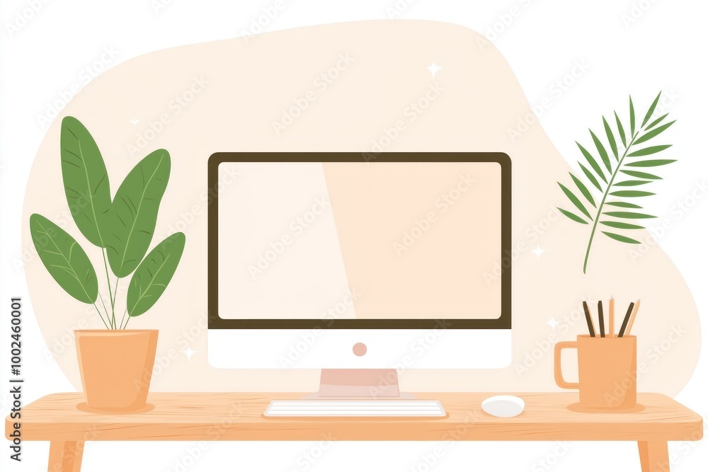 Poster modern desk with computer and potted plants for a minimalist workspace.