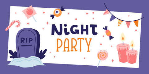 Halloween party cover or card design. Hand drawn calligraphy and spooky gravestone. Vector illustration template