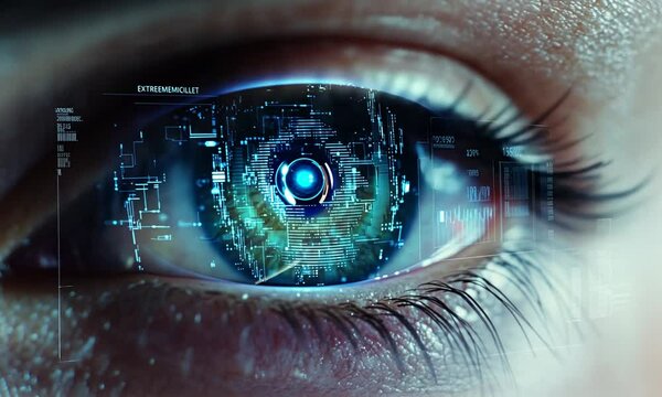 woman using eye cyber circuit, digital data technology