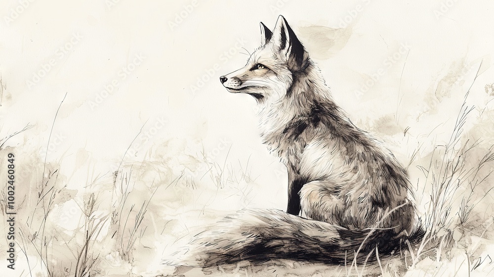 Wall mural   A black-and-white sketch of a fox perched on tall grass blades, gazing beyond the field's edge