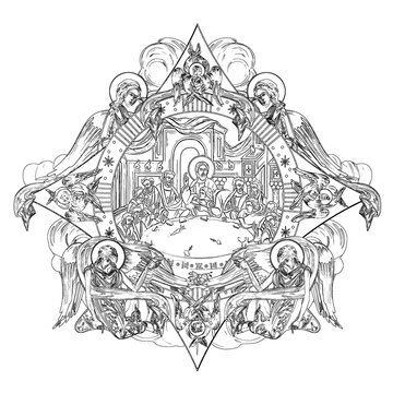 black and white religious scene drawing clip art preview