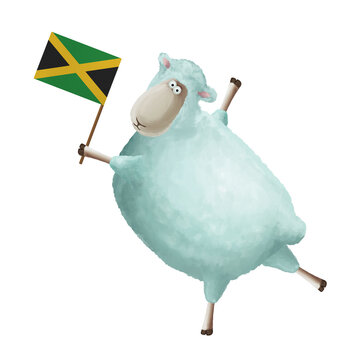 recommend clip art: Funny cartoon sheep with flag of Jamaica. Bright clip art on white background