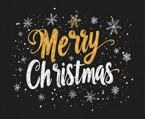 Elegant "Merry Christmas" greeting written in gold and white script on a black background, surrounded by intricate snowflakes and dots, creating a festive yet sophisticated look...