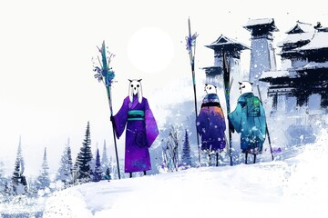 Three Figures in Winter Wonderland with Traditional Japanese Architecture