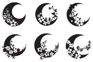 Artistic Crescent Moon with Flowers Silhouette Vector