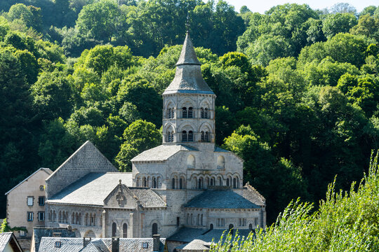 Basilica Notre Dame d'Orcival. Natural regional park of volcans d'auvergne. Puy de Dome. Auvergne Rhone Alpes. France