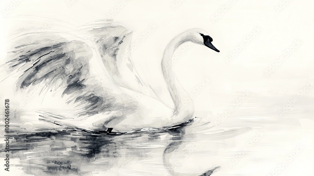 Poster   Black-and-white photo of a swan on water with spread wings and reflection