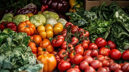 A vibrant display of organic vegetables, from heirloom tomatoes to leafy greens, freshly harvested and full of nutrients