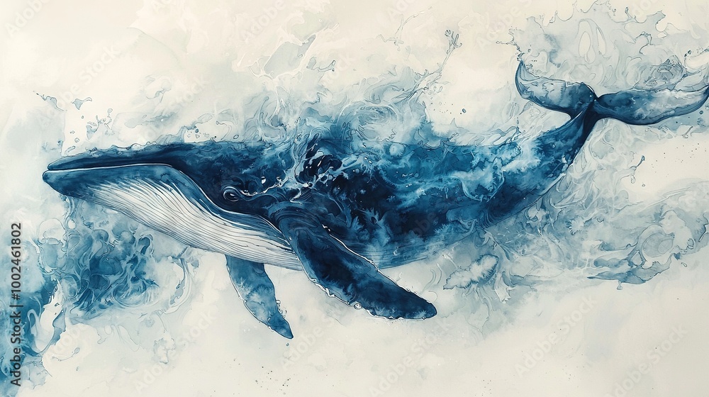 Wall mural   A humpback whale painting with blue and white swirls on its face and tail