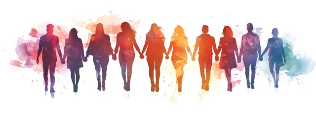A watercolor, realistic, and detailed illustration of a group of people holding hands in different colors and skin tones