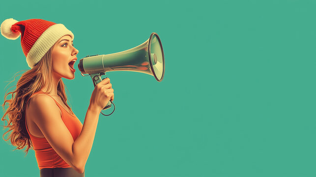 Gym lady shouting promotion cyber monday sale using megaphone green plain background wearing Santa hat