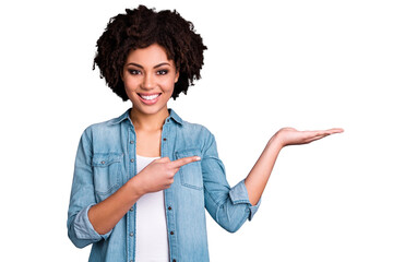 Portrait of charming cheerful satisfied youth millennial positive advertise feedback sale discount...