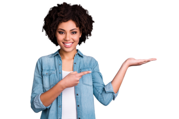 Portrait of charming cheerful satisfied youth millennial positive advertise feedback sale discount promotion present select suggest beautiful wear style stylish jeans clothes isolated grey background