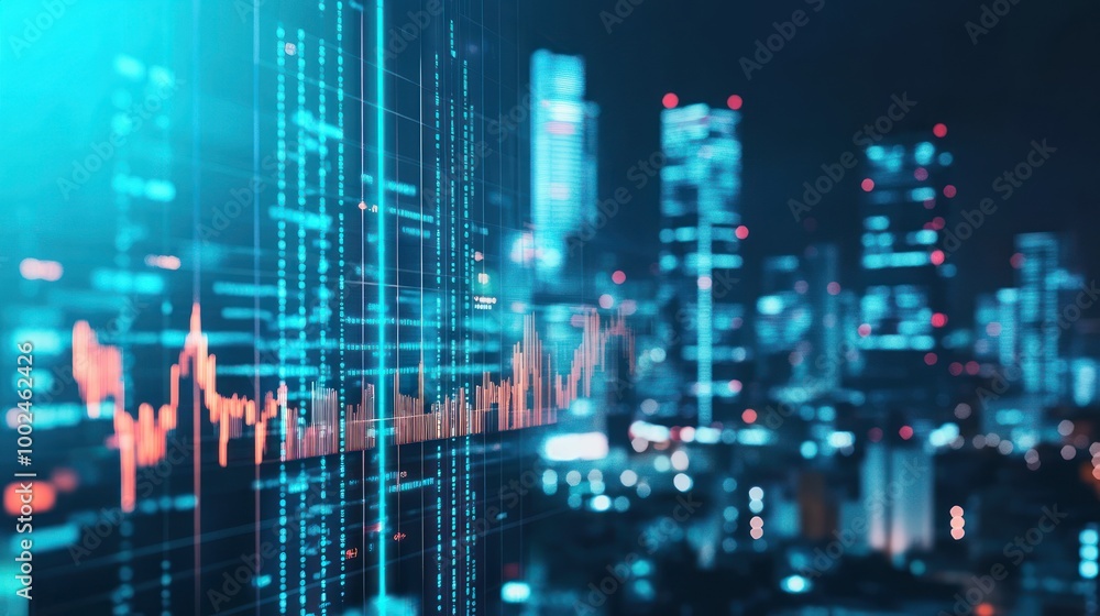 Aufkleber abstract cityscape with data and stock market charts