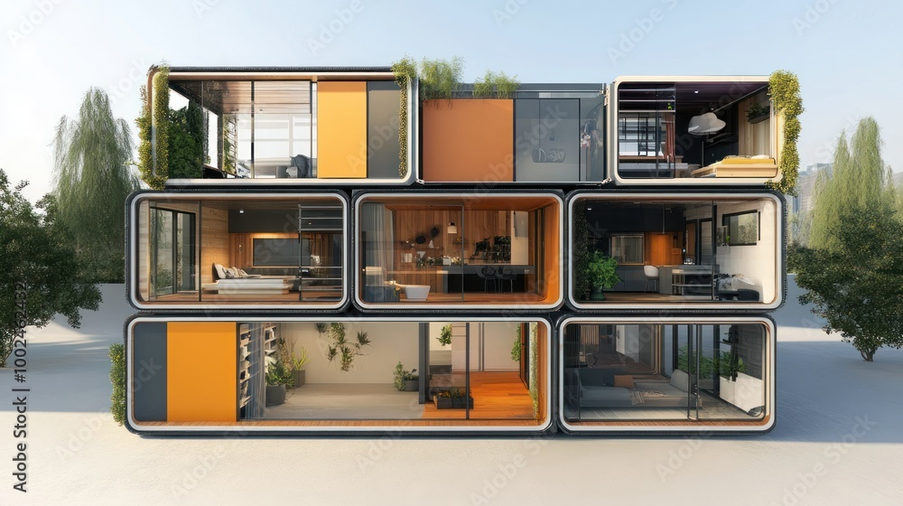 Poster modern modular home with open-concept living spaces and greenery