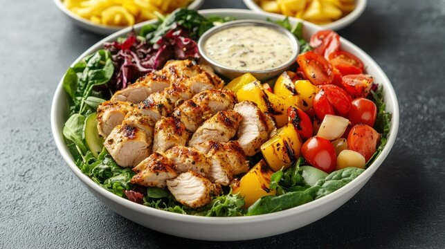 A weight-loss meal with a lean protein, fresh vegetables, and a light dressing, perfect for maintaining a calorie deficit