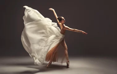 Poster Ballerina. Young graceful woman ballet dancer, dressed in professional outfit, shoes and beige skirt with white flying fabric wings.Girl is demonstrating dancing skill. Beauty of classic ballet dance 