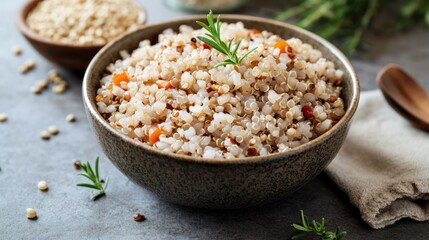 A whole grain meal featuring brown rice, quinoa, and barley, offering a high-fiber, nutrient-dense option