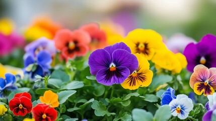 Colorful blooming pansies in a vibrant garden during springtime, showcasing a mix of purple, yellow, and red flowers
