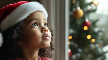 A black child girl gazes up with wide eyes, filled with joy and curiosity, as Christmas lights twinkle on a nearby tree, embodying festive magic
