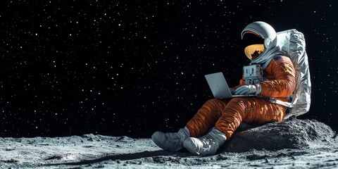 A man in a spacesuit is sitting on a rock on the moon with a laptop in front of