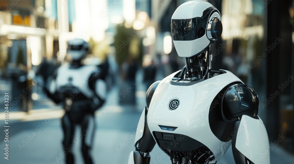 Poster advanced robots navigating through the capital city, helping citizens in public spaces and maintaini