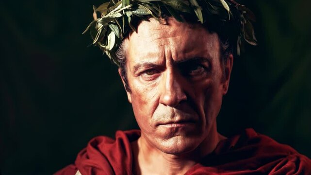 Portrait of stern man embodying Roman emperor Julius Caesar with laurel wreath in dramatic lighting on a dark background.