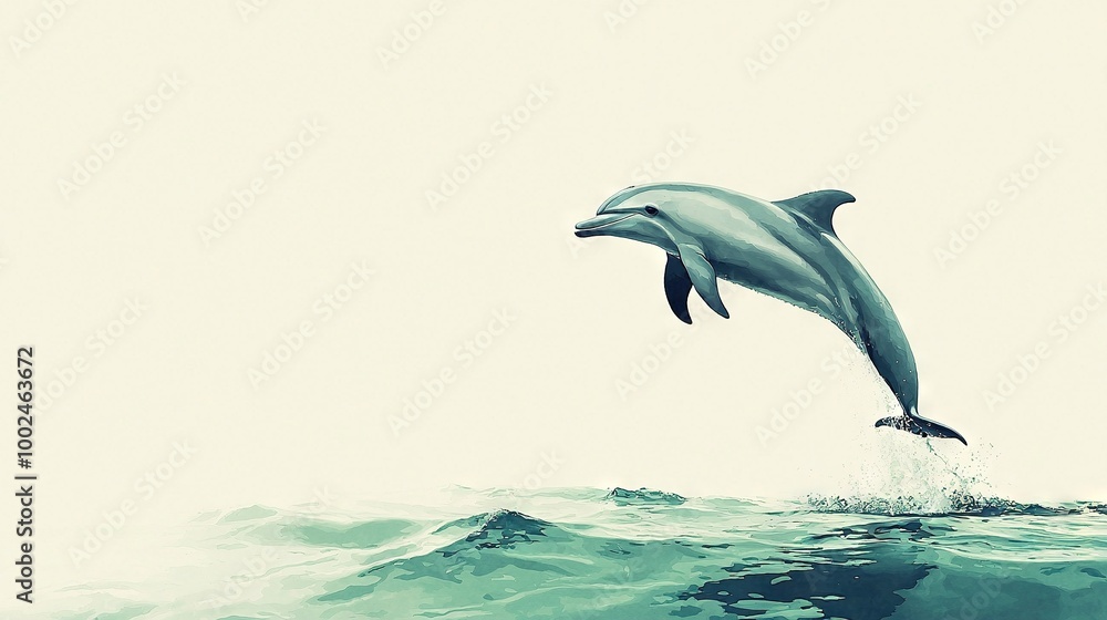 Wall mural   A dolphin leaps from the water with its mouth agape and head elevated