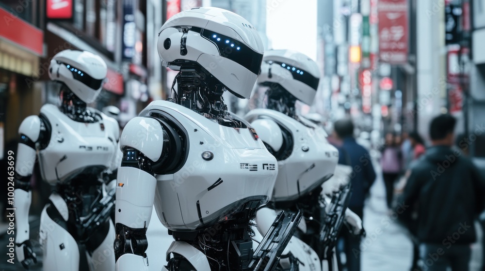 Poster ai robot security units patrolling a city, ensuring safety while interacting with citizens, showcasi