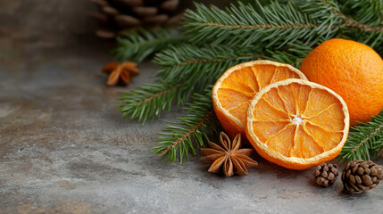Fresh oranges and seasonal decorations arranged on a rustic surface for festive occasions
