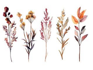Fototapeta premium Watercolor illustration of autumn dry wildflowers and meadow flowers in soft natural tones